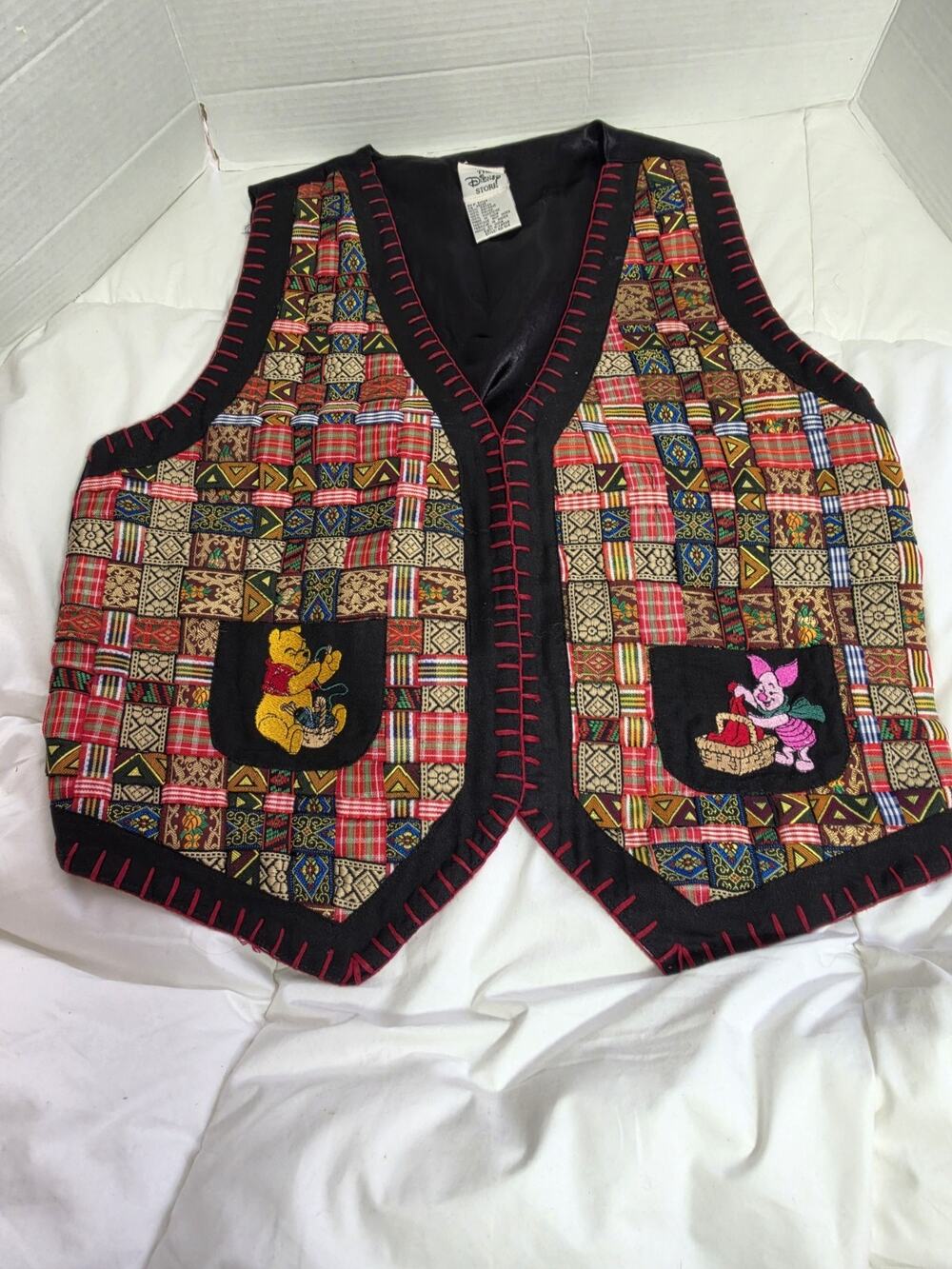 Disney Store XL Vtg Winnie Pooh Piglet Patchwork Woven Vest Women 90's Holiday